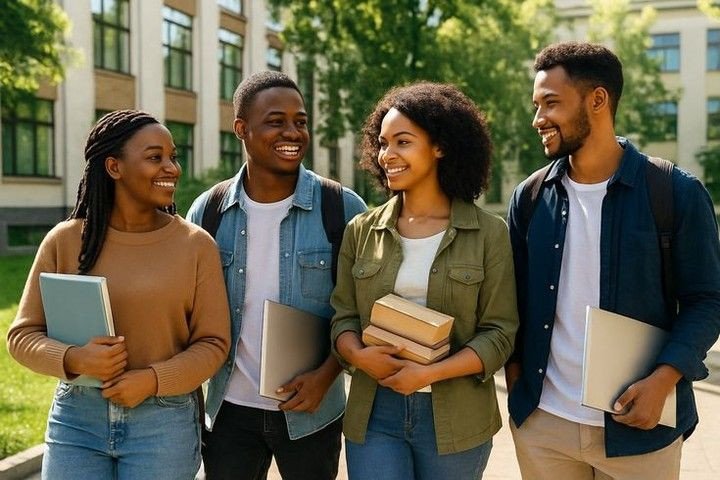 Students celebrating on a university campus abroad